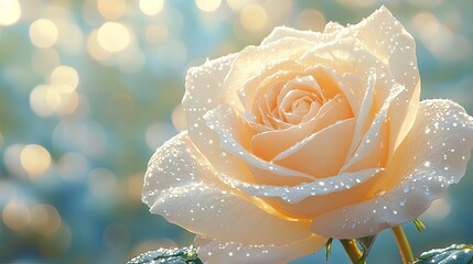 Pale Peach Rose in Dew Drops; Sunny Garden Background; Elegant Floral Image; Stock Photo