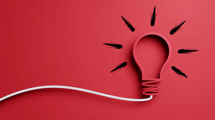 Red lightbulb graphic on red background, white line flowing from bulb, symbolizing new idea, innovation, creativity, and inspiration, perfect for business concept