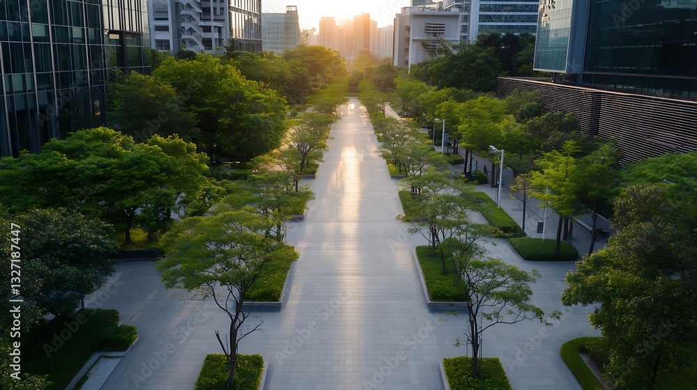 Aufkleber serene urban park with trees and walkways illuminated by the warm glow of sunset : generative ai