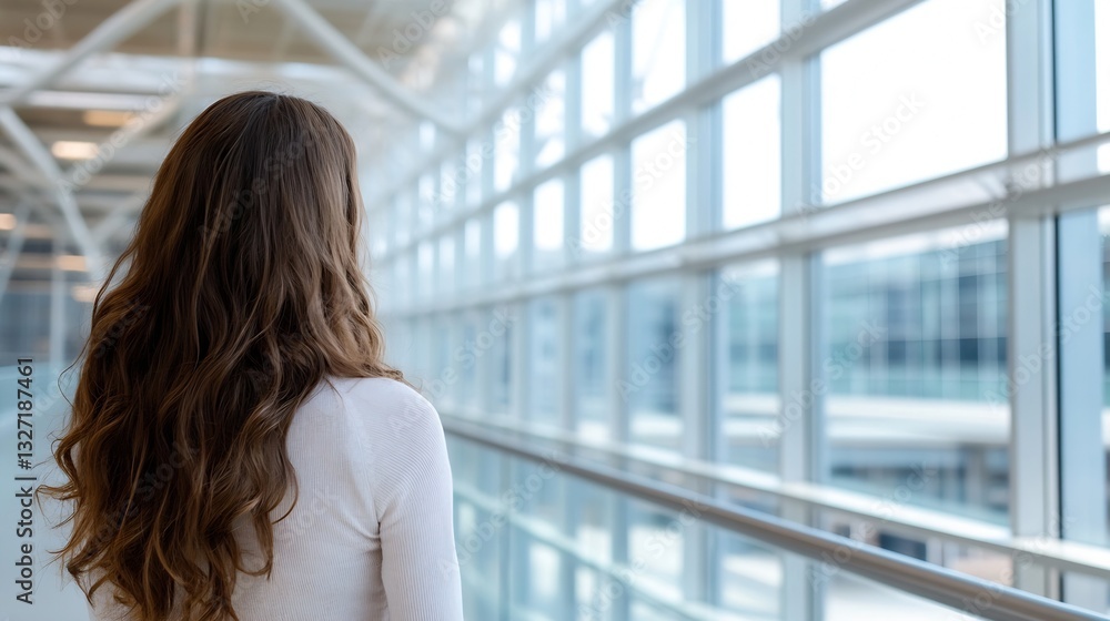 Poster woman standing in modern building with large windows looking outside in natural light reflection : g
