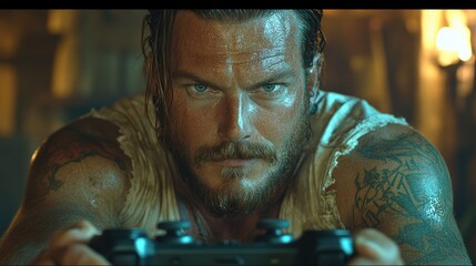 Intense Gamer: A Close-Up of a Focused Man Playing a Video Game