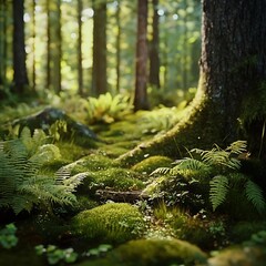 Atmospheric Close-Up Boreal Forest Floor Moss Ferns Rugged Trunks