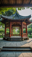 Fototapeta premium Cultural serenity in a traditional pavilion surrounded by lush greenery, offering a peaceful and symmetrical view.
