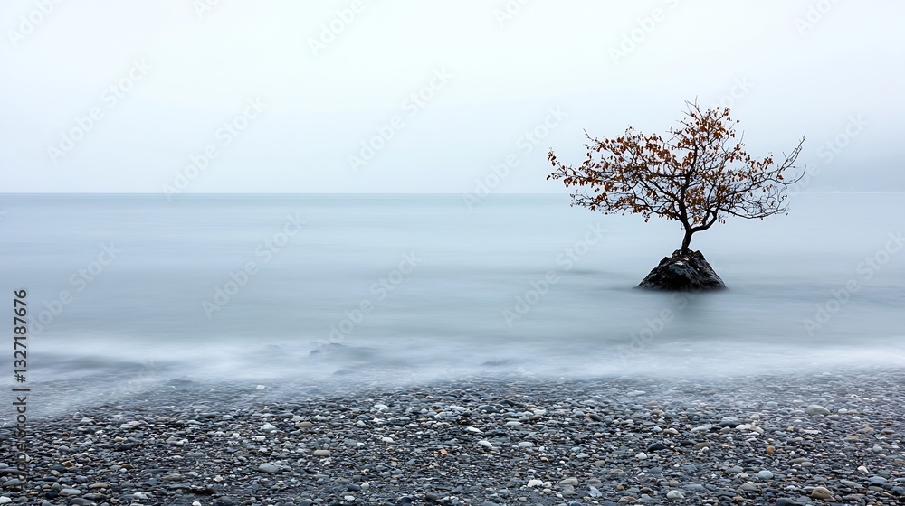 Poster lonely tree standing on a rock amidst a calm ocean and misty atmosphere : generative ai