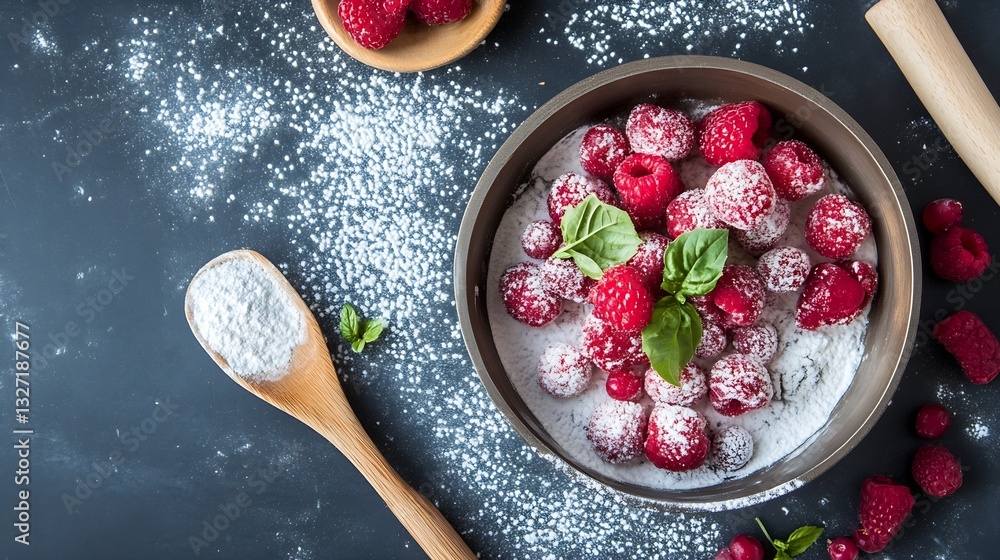 Poster fresh raspberries topped with powdered sugar and herbs in a rustic bowl on a dark kitchen surface : 
