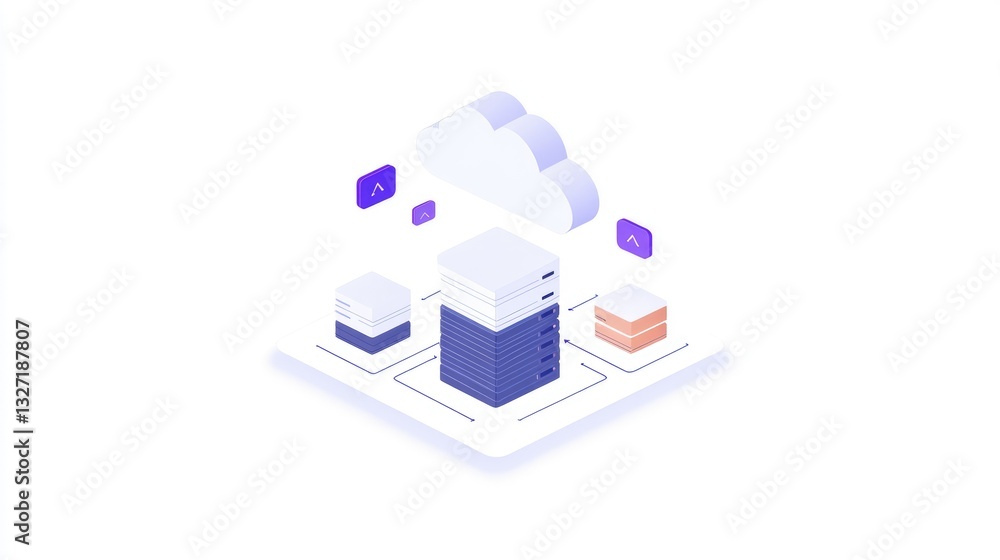 Poster a high-tech illustration of a cloud network, interconnected server nodes, and a two-tone cloud icon,