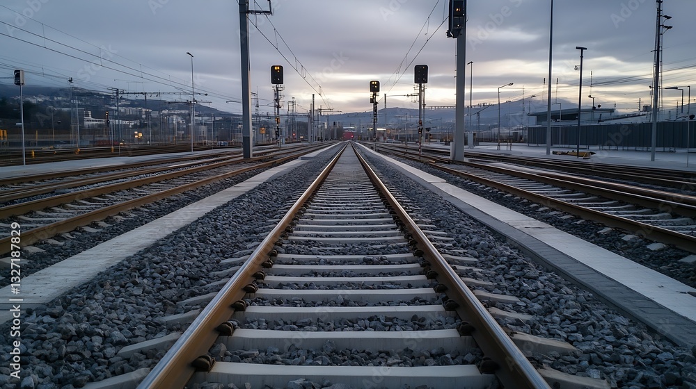 Poster railroad tracks extending into the distance under a dramatic cloudy sky at dawn : generative ai