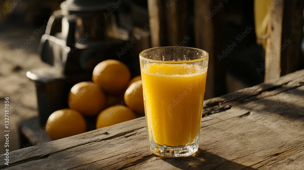 Poster A glass of freshly squeezed orange juice sitting on a rustic wooden table, with a few whole oranges and a juicer in the background, evoking a refreshing feel.
