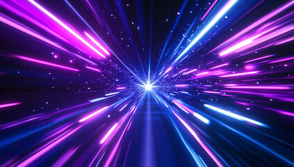 Abstract blue light speed background with laser rays and glowing flare in the center, motion blur effect, futuristic design concept for technology or science illustration.