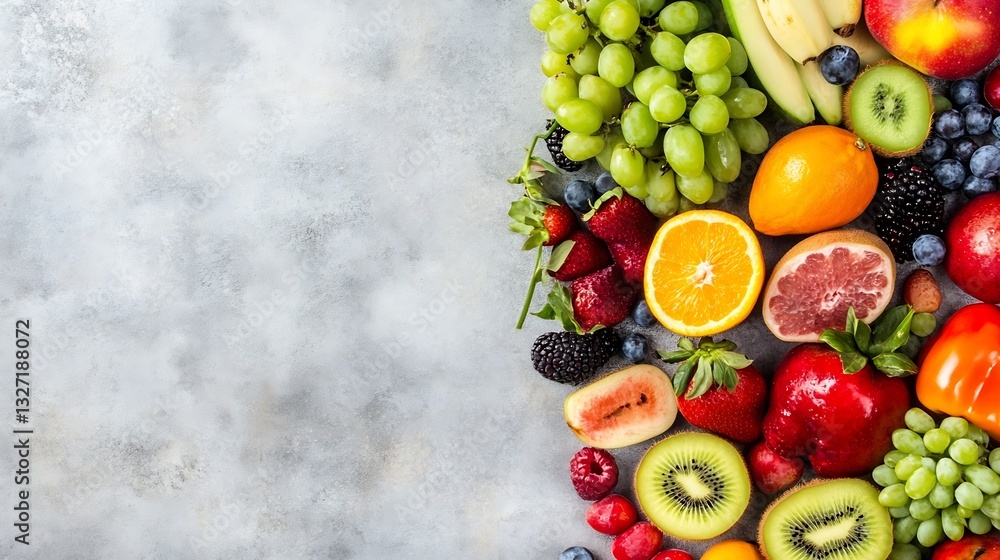 Poster Vibrant array of fresh fruits including apples berries and grapes displayed on a textured surface : Generative AI