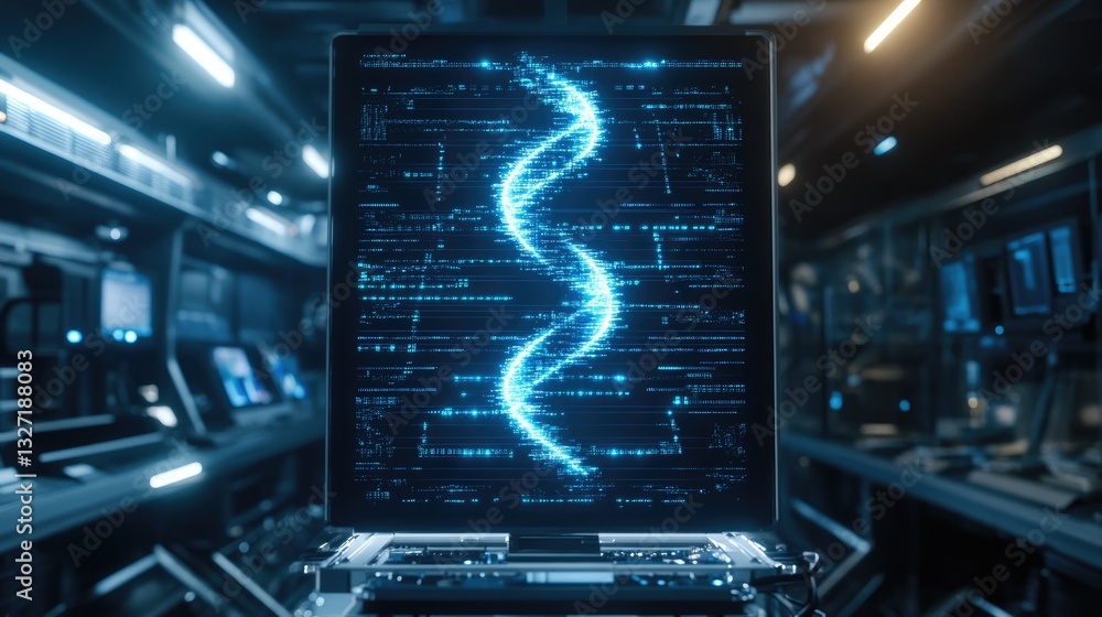 Poster a holographic display of a dna sequence rotating in a high-tech lab.
