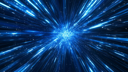 Fototapeta premium Abstract blue light speed background with laser rays and glowing flare in the center, motion blur effect, futuristic design concept for technology or science illustration.