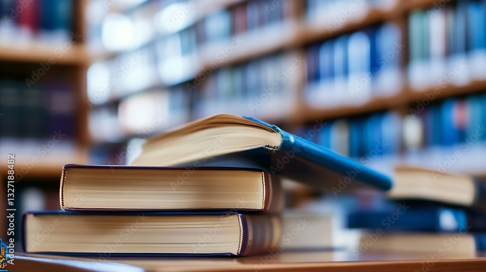 Poster A stack of vibrant books on a wooden table in a library showcasing the beauty of learning and knowledge : Generative AI