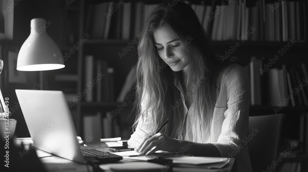 Poster a person sitting at a desk with a laptop computer, possibly working or studying