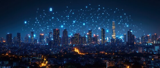 Obraz premium Night Cityscape: Illuminated Metropolis with Network Connections