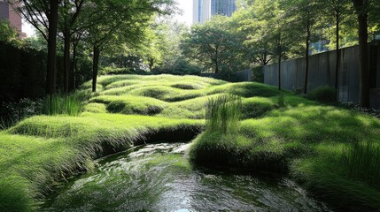 Obraz premium A lush green park using recycled greywater irrigation, showcasing sustainable urban landscaping.