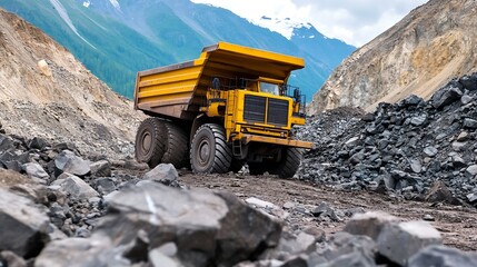 Massive Yellow Dump Truck Operating in Rocky Mining Terrain Under Blue Sky : Generative AI