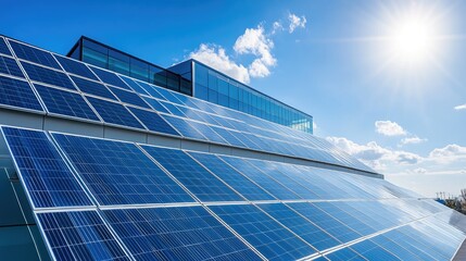 Obraz premium A modern building exterior covered in solar glass panels for energy-efficient power generation.