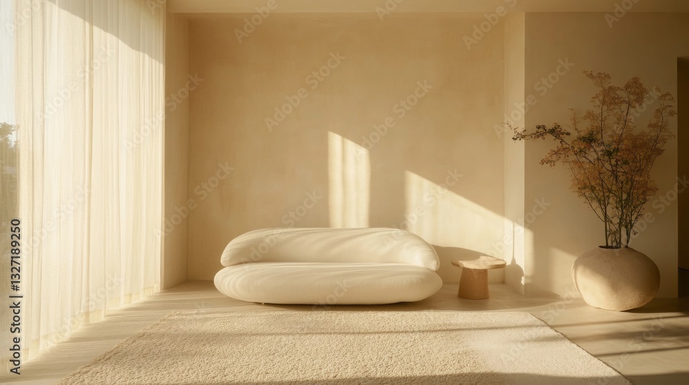 Aufkleber A minimalist white sofa set against a neutral backdrop, complemented by a soft rug and artistic decor, creating a serene and inviting space for relaxation.