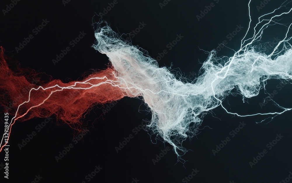Poster abstract image of red and white particle streams colliding and merging against a dark background. th