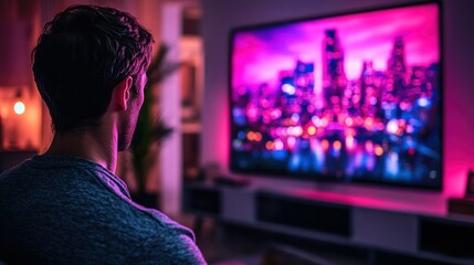 Man Watching Cityscape on a Large Screen TV at Night