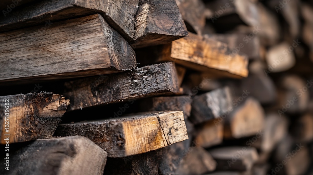 Poster close up view of stacked wooden planks showing textures and shades of brown for natural building mat