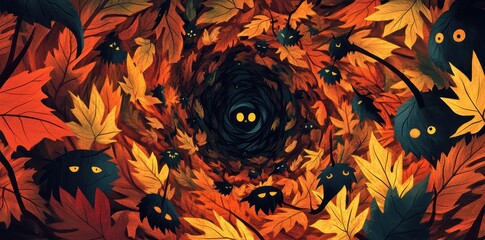 The swirling dark portal is surrounded by autumn leaves and watchful eyes