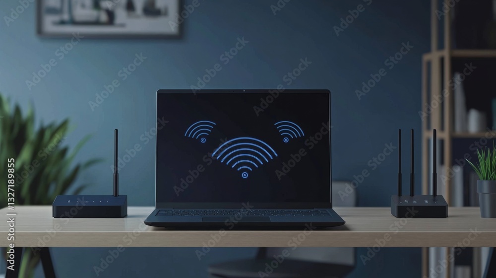 Aufkleber a modern workspace featuring a sleek laptop connected to a wi-fi router, with visual representations