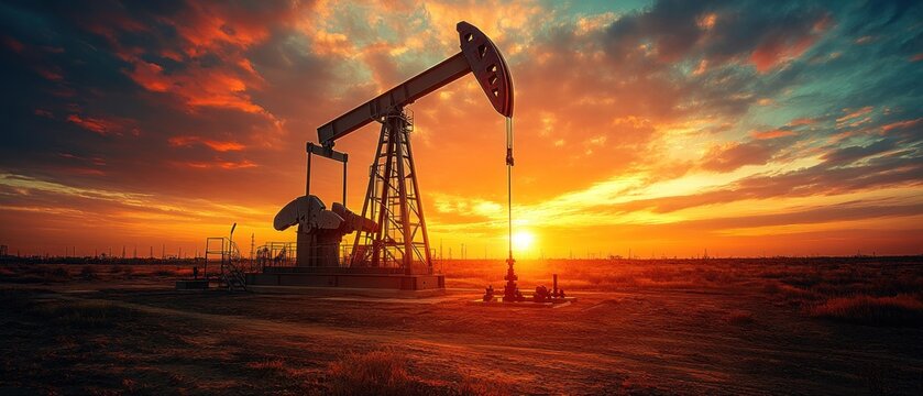 Vibrant Sunset Over Oil Pump Jack in the Field
