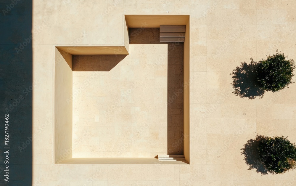 Poster high-angle view of a minimalist beige stone structure with an open courtyard, two small shrubs, and 