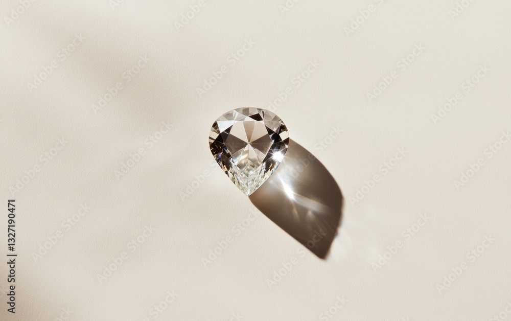 Poster close-up view of a clear gemstone resting on a light beige surface, casting a distinct shadow. the l