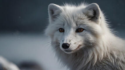 Fototapeta premium Close Up Portrait of Arctic Fox with White Fur and Brown Eyes
