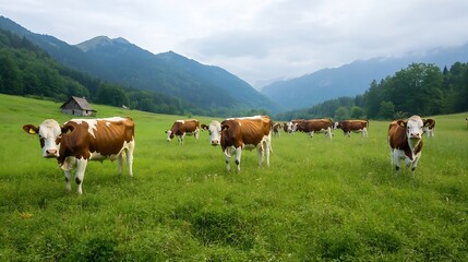 A herd of brown and white cows grazing peacefully in a lush green meadow surrounded by mountains : Generative AI