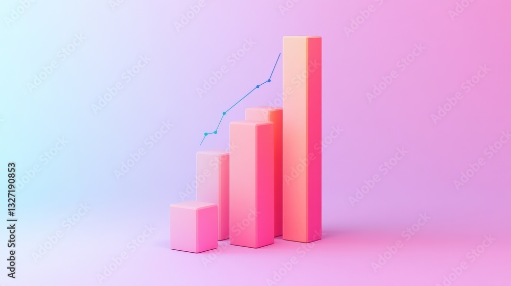 Poster a professional d bar chart in soft gradient tones, with bars rising upwards and data lines overlaid,