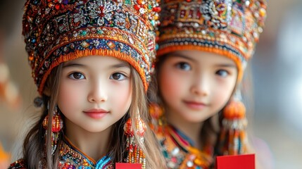 Portrait of Two Adorable Girls in Vibrant Traditional Headwear