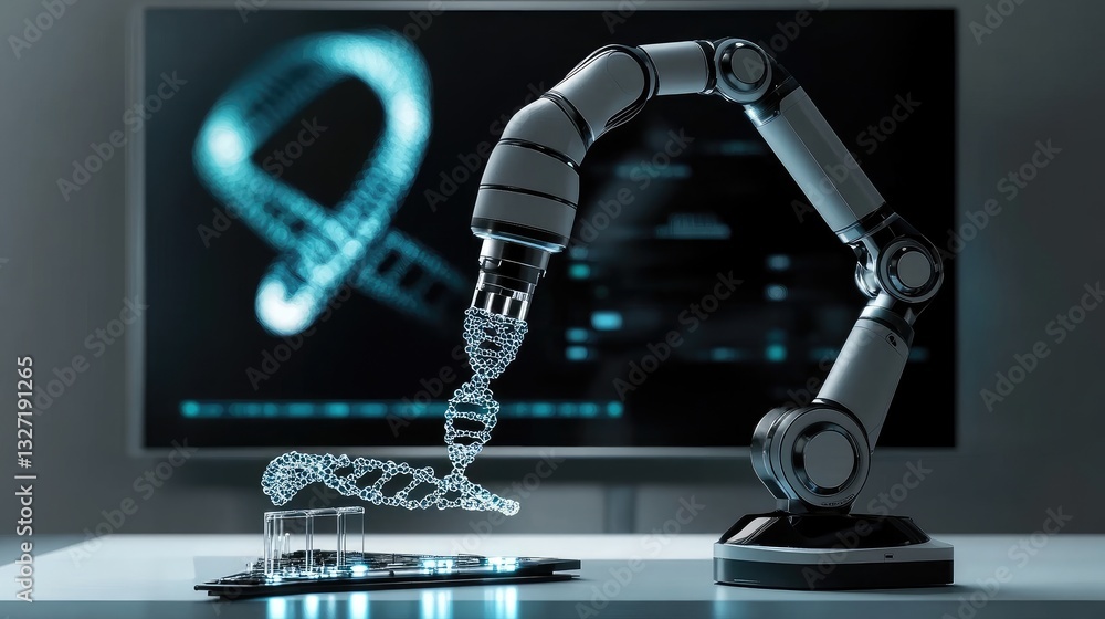 Poster a robotic biotech system extracting dna samples for genetic analysis.
