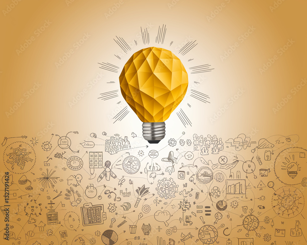 Poster yellow geometric lightbulb, symbolizing idea generation and innovation surrounded by various hand-dr