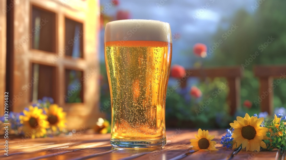 Poster a refreshing pilsner in a sleek glass, with condensation droplets running down the sides, set agains