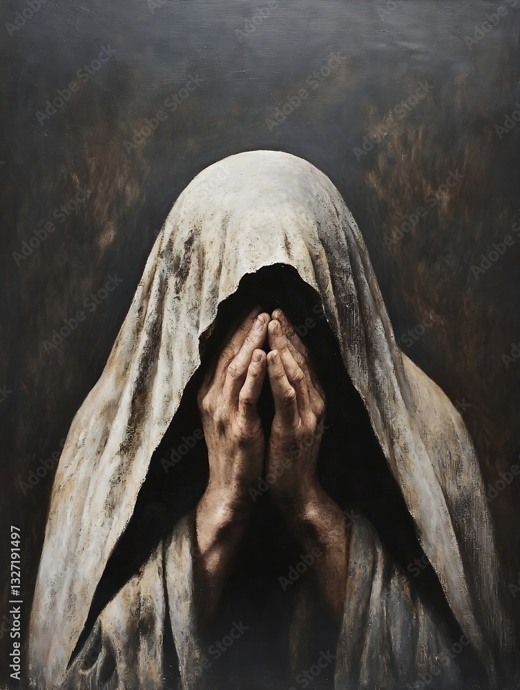 Poster dramatic painting of a mysterious figure shrouded in cloth with hands concealing face : generative a