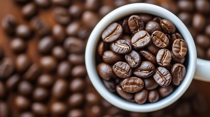Freshly roasted coffee beans in white mug with rustic wooden background perfect for coffee lovers : Generative AI