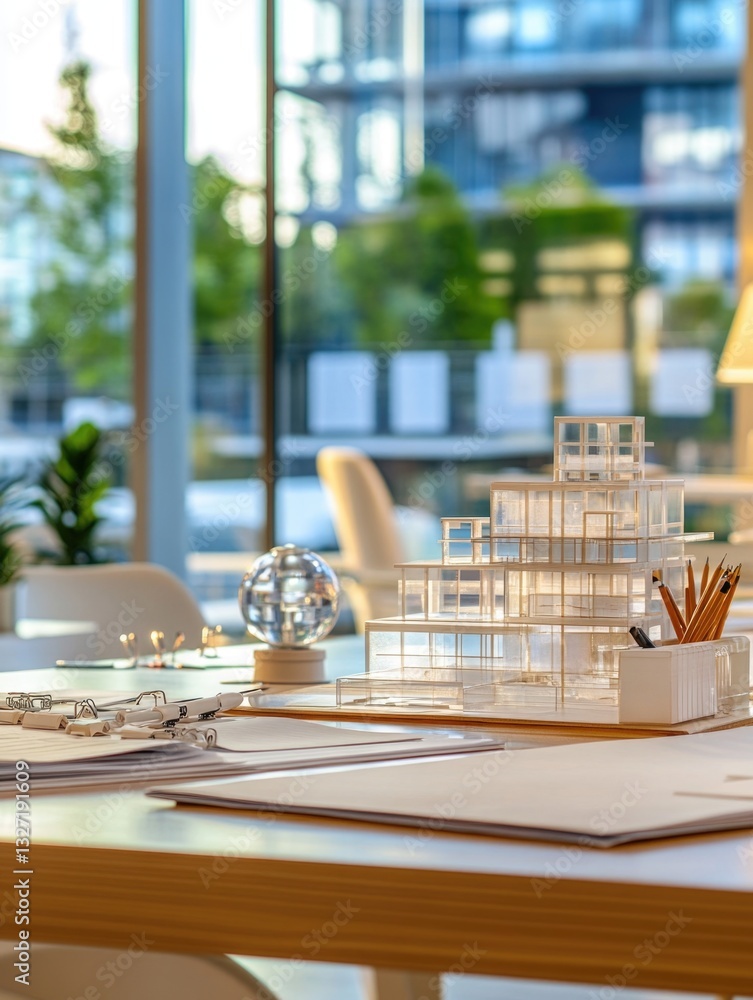 Poster A miniature building model placed on a table for display or demonstration