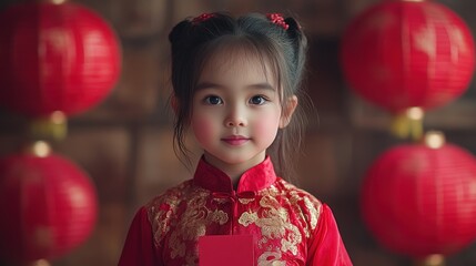 Adorable Little Girl in Traditional Red Dress Celebrating Chinese New Year
