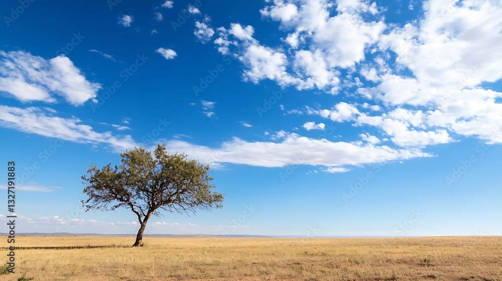 Poster Lone Tree Standing in a Wide Open Field Under a Bright Blue Sky and Fluffy Clouds : Generative AI