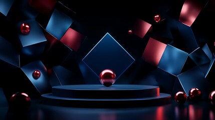 Dark Blue and Red 3D Render: Geometric Shapes and Floating Spheres AI Generated
