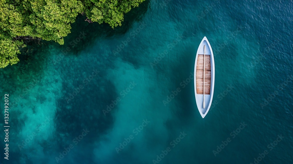 Poster aerial perspective of a scenic boat floating on crystal clear water surrounded by greenery : generat