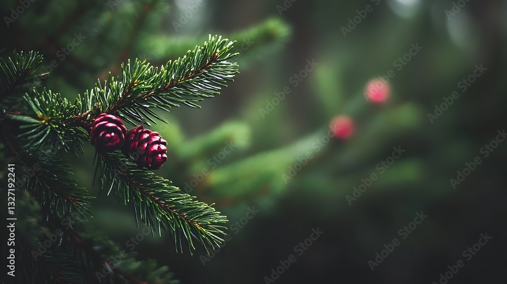 Fototapete closeup of pine tree branches with red pine cones in a soft focused background : generative ai