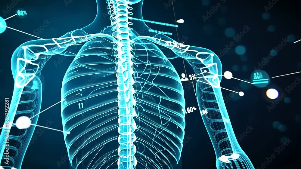 Poster digitalized x-ray of a broken shoulder blade, with spinal structure illuminated in soft blue glow. m