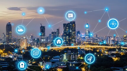 A smart city at night powered by renewable energy, including biomass and solar sources.