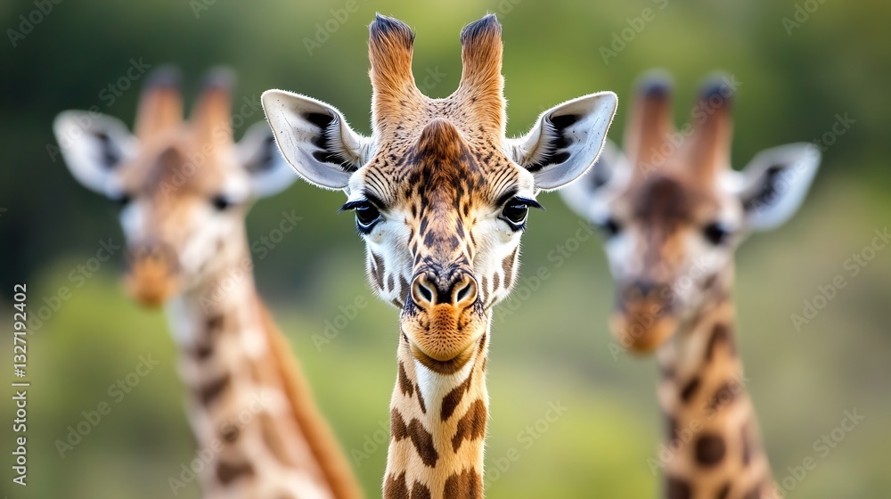 Poster Closeup of curious giraffes showcasing their distinctive patterns and features in the wild : Generative AI