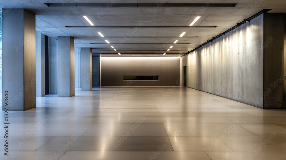 Poster modern and minimalist interior of a spacious concrete hall with smooth floors and sleek lighting : g